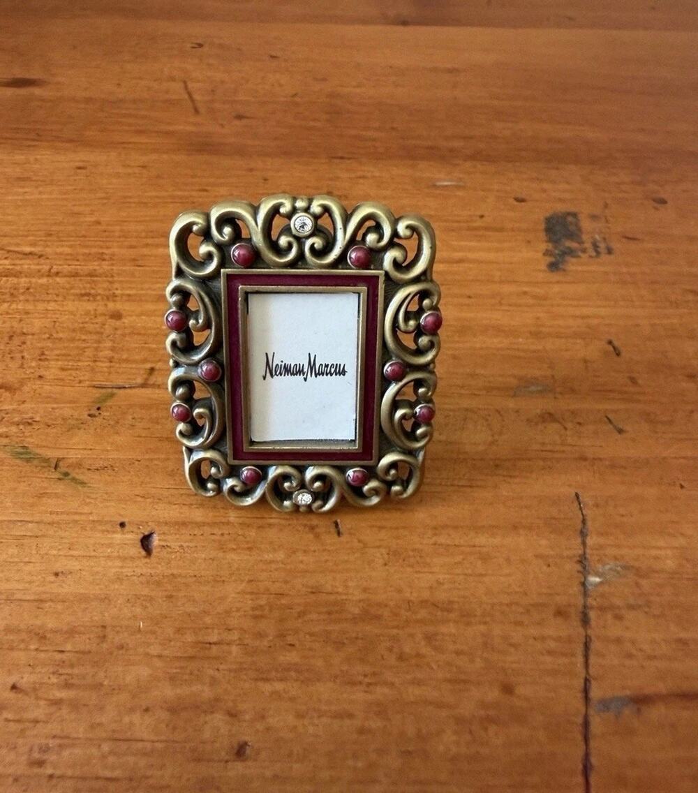 Jay Strongwater Red Enamel Crystal Frame Brooch Gold Tone Signed Neiman Marcus